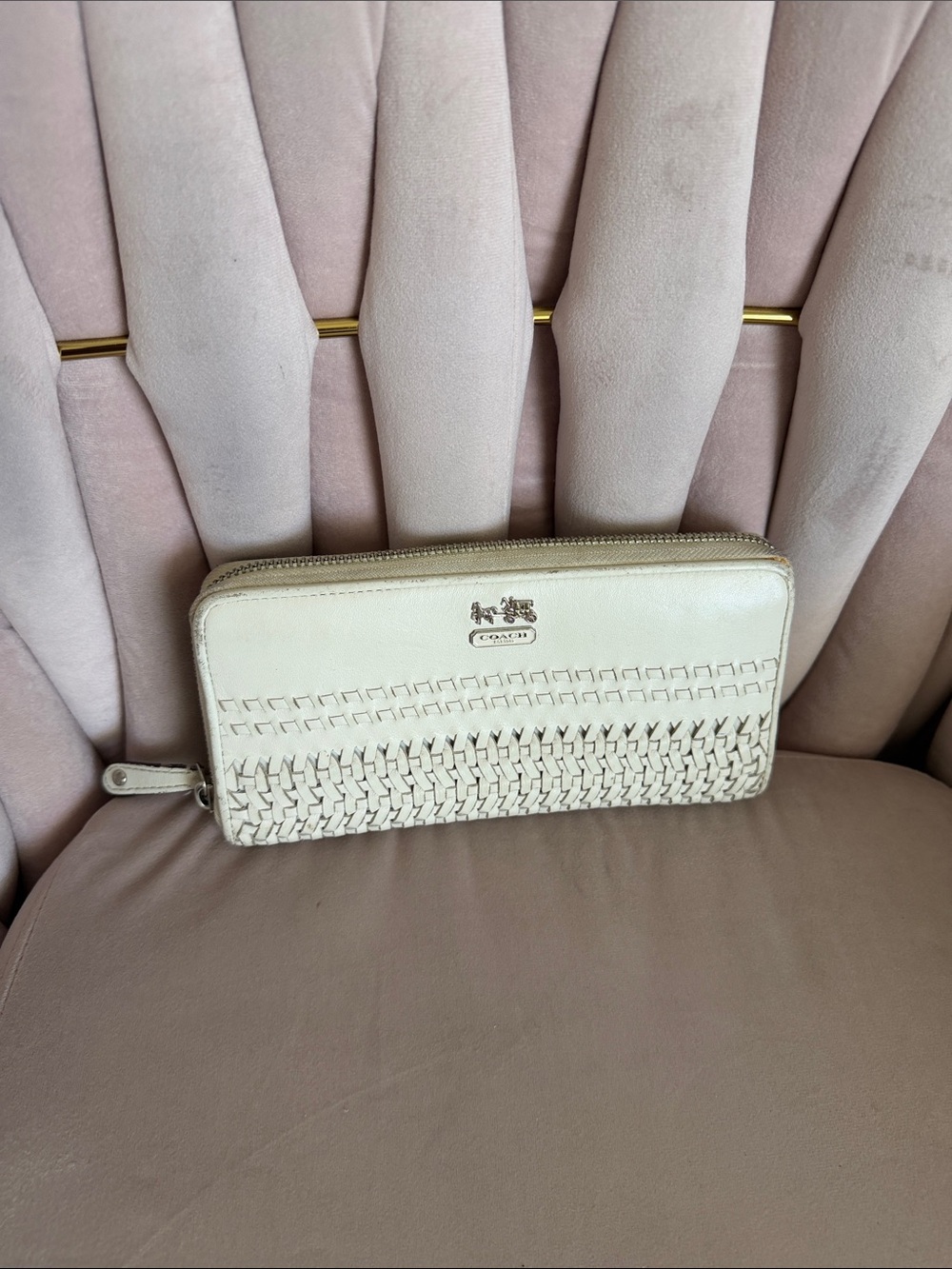 Coach Cream Woven Zip-Around Leather Wallet